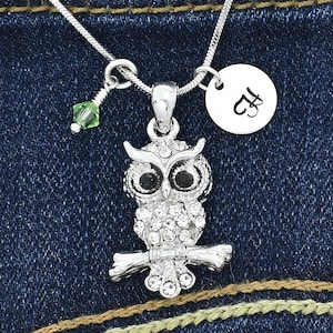 Swarovski Crystal Owl On Branch Colgante Collar personalizado brillante personalizado Estampado a mano Inicial Carta Charm Birthstone Jewelry Chain
