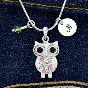 Swarovski Crystal Owl Multi Color Colgante Personalizado Sparkling Collar Personalizado Estampado a Mano Inicial Carta Charm Birthstone Joyería Cadena