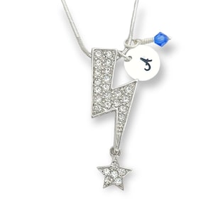 Lightning Thunderbolt Star Swarovski Crystal Collar colgante personalizado Carta inicial estampada a mano y cadena de piedra de nacimiento personalizada