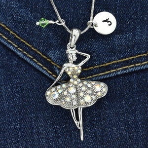 Swarovski Crystal Personalized Ballerina Collar AB Color Colgante Mano Estampada Carta Inicial y Piedra de Nacimiento Charm Chain Custom Gift