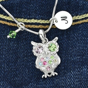 Swarovski Crystal Owl Multi Color Colgante Personalizado Sparkling Collar Personalizado Estampado a Mano Inicial Carta Charm Birthstone Joyería Cadena