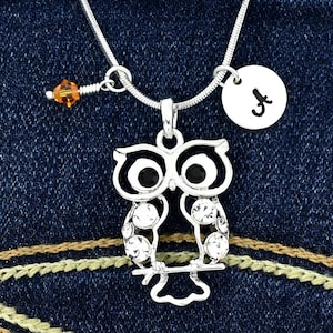 Owl Swarovski Crystal Pendant Collar personalizado brillante personalizado Collar estampado a mano Inicial Carta Charm & Birthstone Jewelry Chain