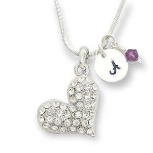 Colgante transparente de corazón personalizable Swarovski Crystal Collar personalizado estampado a mano Carta inicial personalizada y cadena de amuleto de piedra de nacimiento