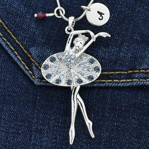 Swarovski Crystal Ballerina Collar Personalizado Colgante Azul Carta Inicial Estampada a Mano y Piedra de Nacimiento Charm Chain Joyería de regalo personalizada