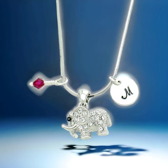 Personalized Swarovski Crystal Elephant Pendant Customizable Birthstone Hand Stamped Initial Letter Charm Custom Necklace Chain Etsy Canada