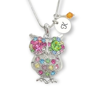 Búho personalizable multicolor colgante personalizado Swarovski cristal brillante collar personalizado estampado a mano inicial carta amuleto piedra de nacimiento