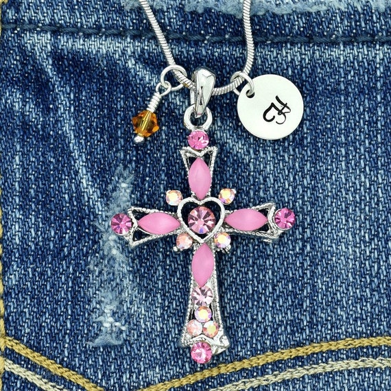 Swarovski Crystal Cross Personalized Pink Sparkling Necklace