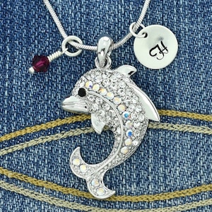 Swarovski Crystal Dolphin Clear AB Colgante Brillante Personalizado Collar Personalizado Carta Inicial Estampada a Mano y Encantos de Piedra de Nacimiento Cadena