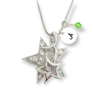 Dos estrellas Colgante personalizable Swarovski Crystal Star Collar personalizado Carta inicial estampada a mano y cadena de amuleto de piedra natal