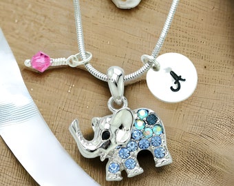 Customizable Swarovski Crystal Blue Elephant Pendant Personalized Birthstone & Hand Stamped Initial Letter Charm Custom Necklace Chain