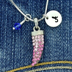 Swarovski Crystal Horn Luck Pink Personalized Sparkling Custom Necklace Hand Stamped Initial Letter & Birthstone Charms Chain Gift