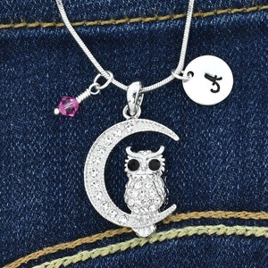 Swarovski Crystal Owl On Moon Colgante Collar personalizado brillante personalizado Estampado a mano Inicial Carta Charm Birthstone Jewelry Chain