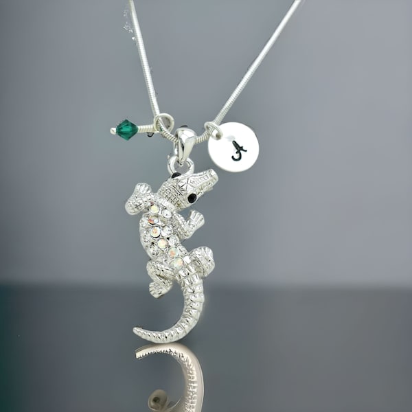 Crocodile Alligator Pendant Customizable Swarovski Crystal Personalized Birthstone & Hand Stamped Initial Letter Charm Custom Necklace Chain