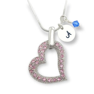 Corazón Rosa Colgante Personalizable Swarovski Cristal Collar Personalizado Estampado a Mano Carta Inicial y Piedra de Nacimiento Cadena de Amuletos Custom