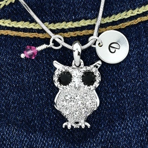 Swarovski Crystal Owl Colgante Collar personalizado brillante personalizado Sello a mano Inicial Carta Charm Birthstone Jewelry Chain