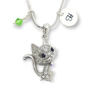 Tarjeta colgante personalizada de gato mascota personalizada Swarovski Crystal Collar personalizable Carta inicial estampada a mano y amuletos de piedra natal