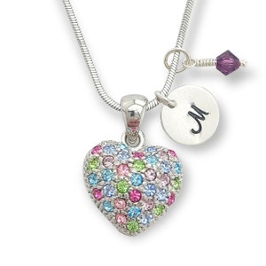 Colgante de corazón multicolor personalizable Swarovski Crystal Collar personalizado estampado a mano Carta inicial y cadena de amuleto de piedra de nacimiento Personalizada