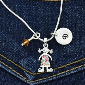 Swarovski Crystal Girl Multi Color Collar Personalizado Colgante Brillante Personalizado Carta Inicial Estampada a Mano y Cadena de Encanto de Piedra de Nacimiento