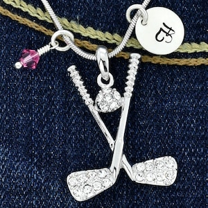 Swarovski Crystal Golf Sticks Ball Colgante personalizado Cuña Hierro Collar personalizado Carta inicial estampada a mano y piedra de nacimiento Charms Chain