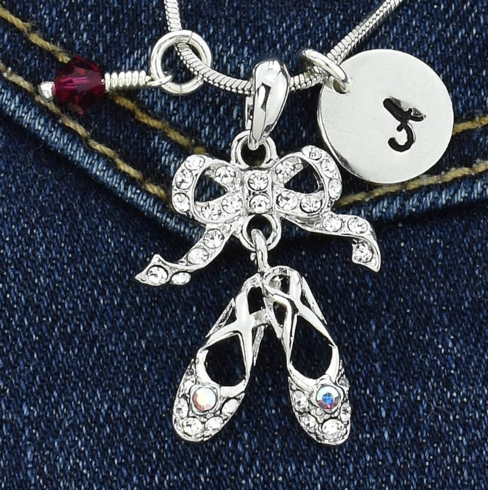 swarovski crystal ballet shoes custom necklace pendant personalized hand stamped initial letter and birthstone charm chain gift