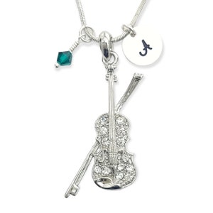 Swarovski Crystal Viola Violin Personalized Necklace Custom Sparkling Pendant Hand Stamped Initial Letter & Birthstone Charms Chain Gift