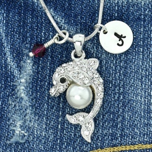 Swarovski Crystal Dolphin Ball Colgante Collar personalizado personalizado Carta inicial estampada a mano y encantos de piedra de nacimiento Cadena