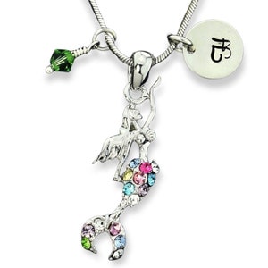 Swarovski Crystal Mermaid Multi Color Collar Personalizado Colgante Brillante Personalizado Carta Inicial Estampada a Mano y Cadena de Charm de Piedra de Nacimiento