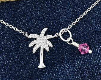 Palm Tree Pendant Swarovski Crystal Birthstone Personalized Silver Plated Necklace Chain Custom Charm Dainty Jewelry Gift