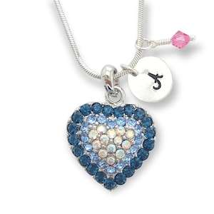 Corazón Azul Colgante Personalizable Swarovski Cristal Collar Personalizado Estampado a Mano Carta Inicial y Piedra de Nacimiento Cadena de Amuleto Personalizada