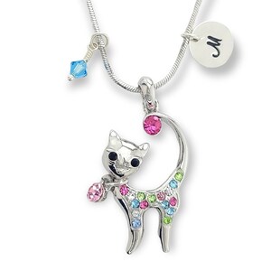 Gato personalizado multicolor Collar personalizado de gatito Swarovski Cristal colgante Cadena Estampada a mano Carta inicial y piedra de nacimiento Charms personalizados