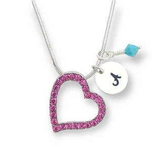 Corazón Rosa Collar Personalizable Swarovski Cristal Colgante Personalizado Estampado a Mano Carta Inicial y Piedra de Nacimiento Cadena de Amuletos Custom