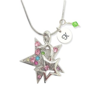 Dos estrellas multicolor Swarovski Crystal Star Collar colgante personalizado Carta inicial estampada a mano y piedra de nacimiento Charm Chain Custom