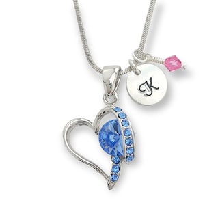 Corazón Azul Colgante Personalizado Swarovski Collar de Cristal Estampado a Mano Carta Inicial y Piedra de Nacimiento Cadena de Amuletos Personalizado