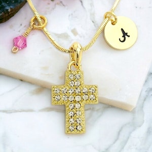 Swarovski cristal cruz oro colgante piedra de nacimiento encanto collar joyería personalizada mano estampada carta personalizada ronda inicial encanto regalo