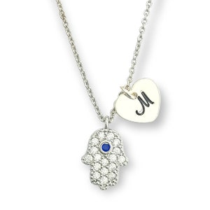 Hamsa Evil Eye Hand Jewelry, Personalized Letter Heart, Dainty Protection Necklace, Tiny Hamsa Necklace, Silver Heart Custom Necklace Gift