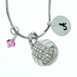 Swarovski Crystal Volleyball Collar personalizado Colgante brillante personalizado Carta inicial estampada a mano y encantos de piedra de nacimiento Cadena