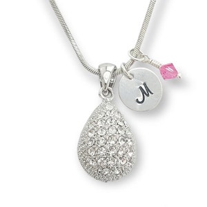 Colgante de lágrima de gota personalizada Swarovski Crystal Collar personalizable estampado a mano Carta inicial y cadena de amuleto de piedra de nacimiento personalizada