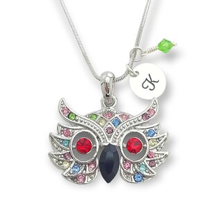 Búho Multi Color Colgante Personalizado Swarovski Cristal Sparkling Collar Personalizado Estampado a Mano Carta Inicial Piedra de nacimiento Amuleto personalizable
