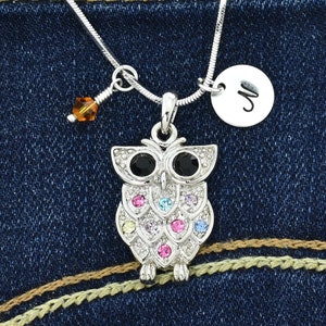 Owl Swarovski Crystal Multi Color Colgante Personalizado Sparkling Collar Personalizado Estampado a Mano Inicial Carta Amuleto Piedra de nacimiento Cadena de joyería
