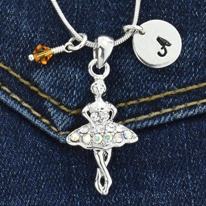 Swarovski Crystal Ballerina Collar Colgante personalizado Carta inicial estampada a mano y piedra de nacimiento Charm Chain Joyería de regalo personalizada