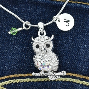 Swarovski Crystal Owl On Branch Collar Personalizado Sparkling Mano Personalizada Colgante Estampado Carta Inicial Charm Birthstone Jewelry Chain