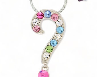 Personalized Question Mark Multi Color Pendant, Sparkling Swarovski Crystal Necklace, Custom Birthstone Charm, Curiosity Symbol Jewelry