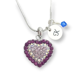 Corazón Púrpura Colgante Personalizable Swarovski Cristal Collar Personalizado Estampado a Mano Carta Inicial y Piedra de Nacimiento Cadena de Amuletos Personalizada