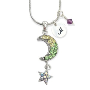 Swarovski Crystal Moon Star Amarillo Verde Collar Colgante Personalizado Carta Inicial Estampada a Mano y Charm Chain Custom