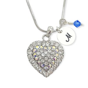 Corazón Colgante personalizable Swarovski Cristal Collar personalizado Estampado a mano Carta inicial y piedra de nacimiento Cadena de amuletos Personalizada