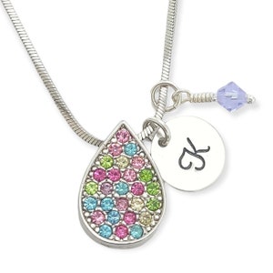 Lágrima personalizada Gota colgante multicolor Swarovski Collar de cristal Estampado a mano Carta inicial, amuleto de piedra de nacimiento Joyería personalizada