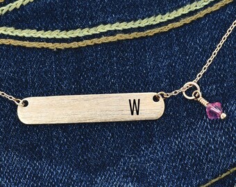 Bar Necklace Swarovski Crystal Birthstone Personalized Pendant Custom Rose Gold Filled Necklace Initial Letter Charm Chain