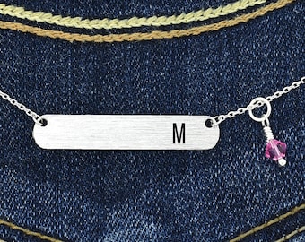 Bar Necklace Swarovski Crystal Birthstone Personalized Pendant Custom Necklace Initial Letter Charm Chain