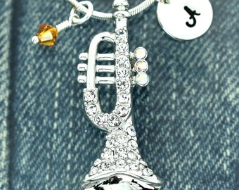 Trumpet Pendant Personalized Swarovski Crystal Music Sparkling Custom Hand Stamped Initial Letter & Birthstone Necklace Chain