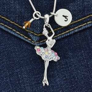Swarovski Crystal Personalized Ballerina Collar Multi Color Colgante Mano Estampada Carta Inicial y Piedra de Nacimiento Charm Chain Custom Gift